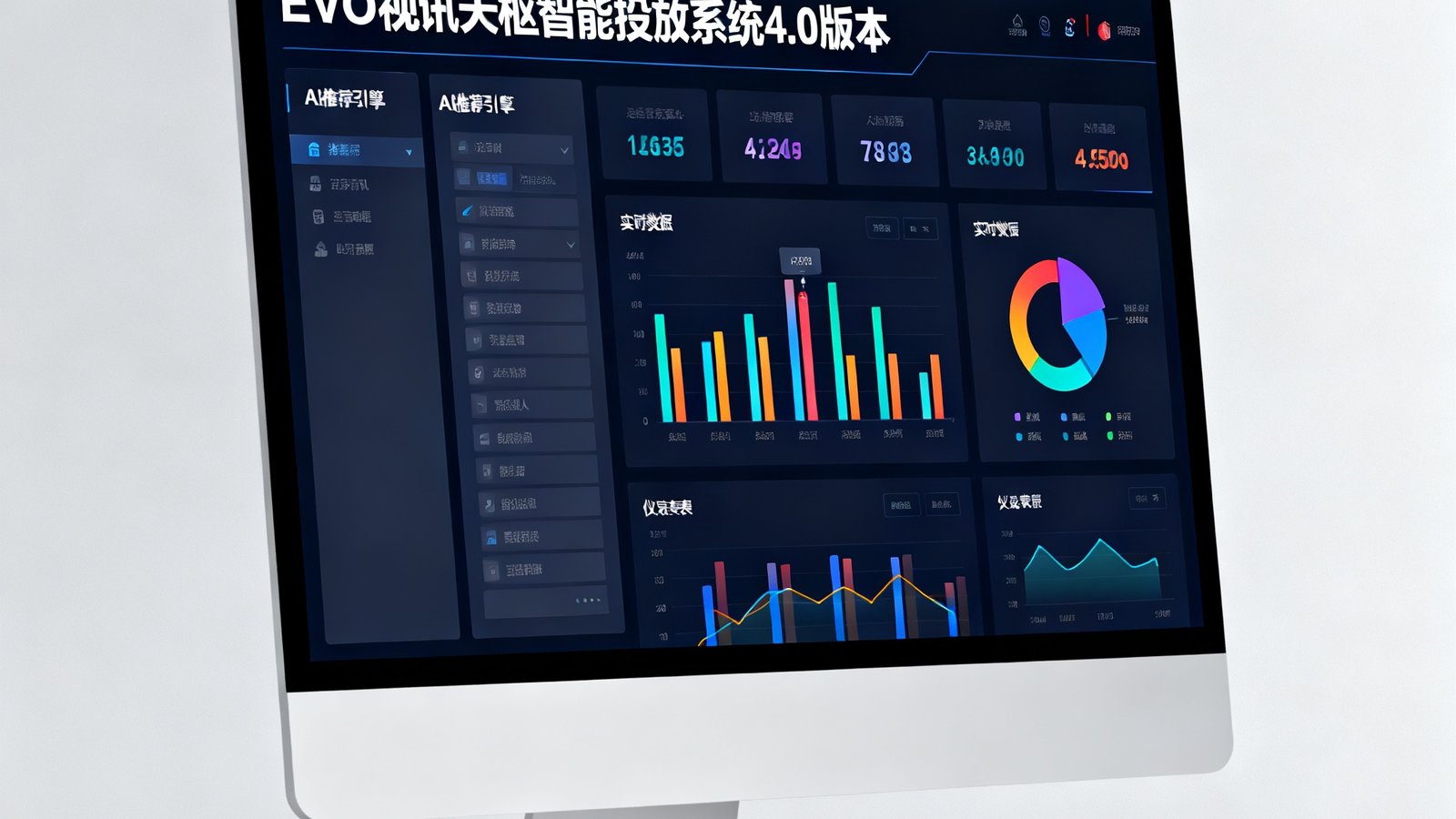电脑屏幕展示EVO视讯天枢智能投放系统4.0版本的全新界面，左侧是AI推荐引擎面板，右侧是实时数据仪表盘，界面设计简约现代，数据可视化图表色彩丰富。