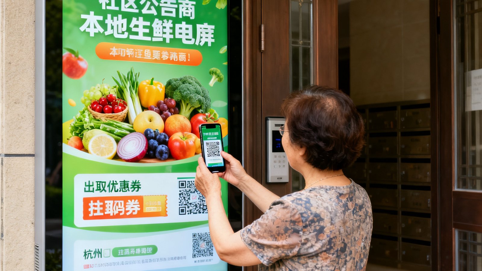 杭州余杭区某大型社区居民楼单元门旁的EVO视讯社区公告屏上，正在播放本地生鲜电商平台的促销广告，画面展示着新鲜水果和蔬菜，一位中年女性居民正用手机扫描屏幕上的二维码领取优惠券。