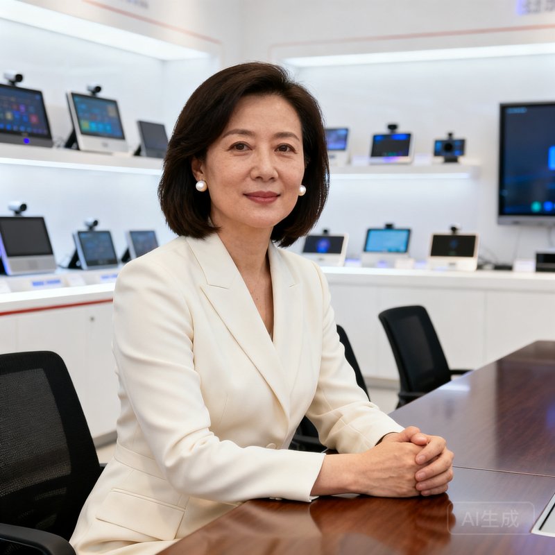 EVO视讯集团COO王雅琴，42岁女性，齐肩短发，身着米白色职业套装，佩戴简约珍珠耳钉，双手交叠放在会议桌上，背景是产品展示厅中陈列的各类智能视讯终端设备。